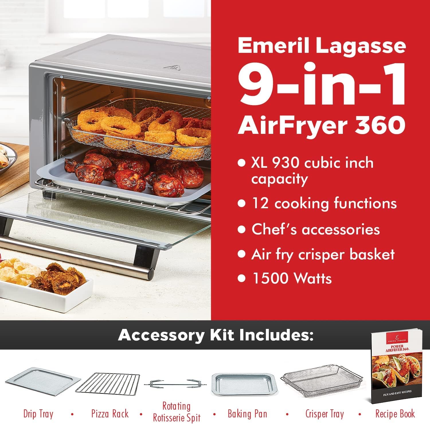 Emeril Lagasse Everyday 360 Stainless Steel Air Fryer, 360° Quick Cook Technology, XL capacity, 9-in-1, 12 Pre-Set Cooking Functions including Bake, Rotisserie, Broil, Pizza, Slow Cook, Toaster - Image 6